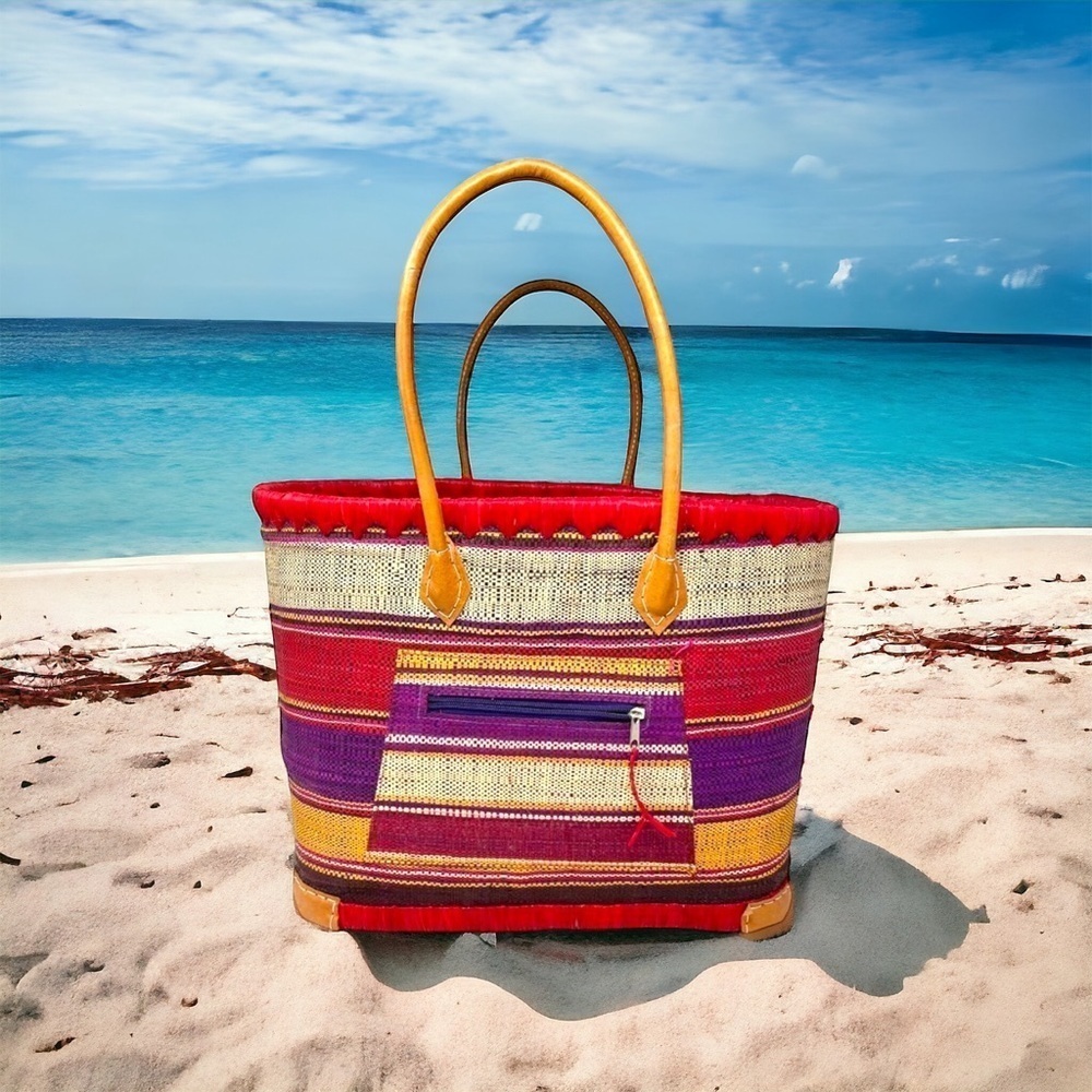 Extra Large Multi Striped Raffia Beach Tote Made in Africa w/ Leather Handles